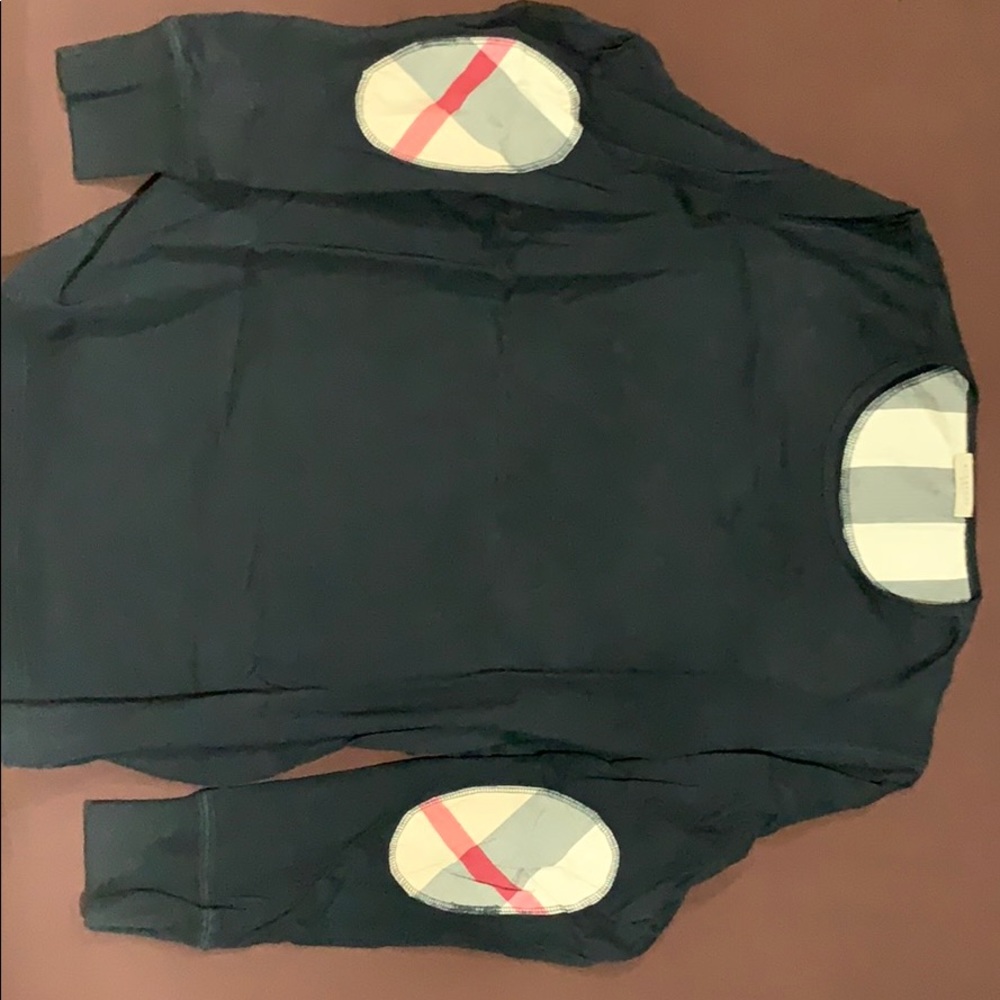 Burberry BlackvLong Sleeve Top with Beige Check Elbow Patches and Red Accent